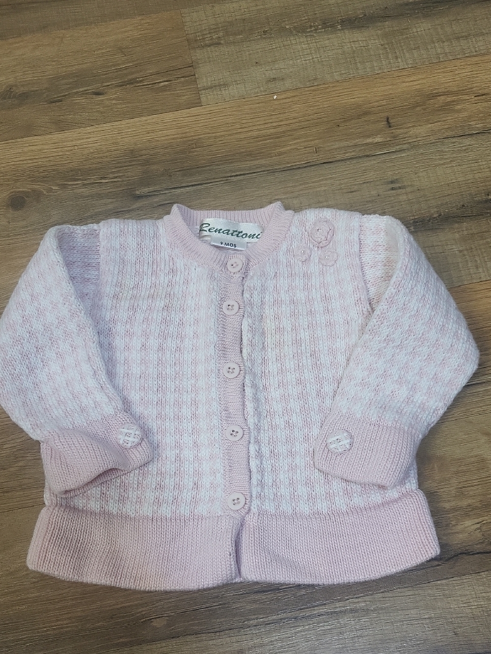 RENATTONI Pink White Pima Cotton Knit Cardigan - Detailed Cuff Button & Flowers
